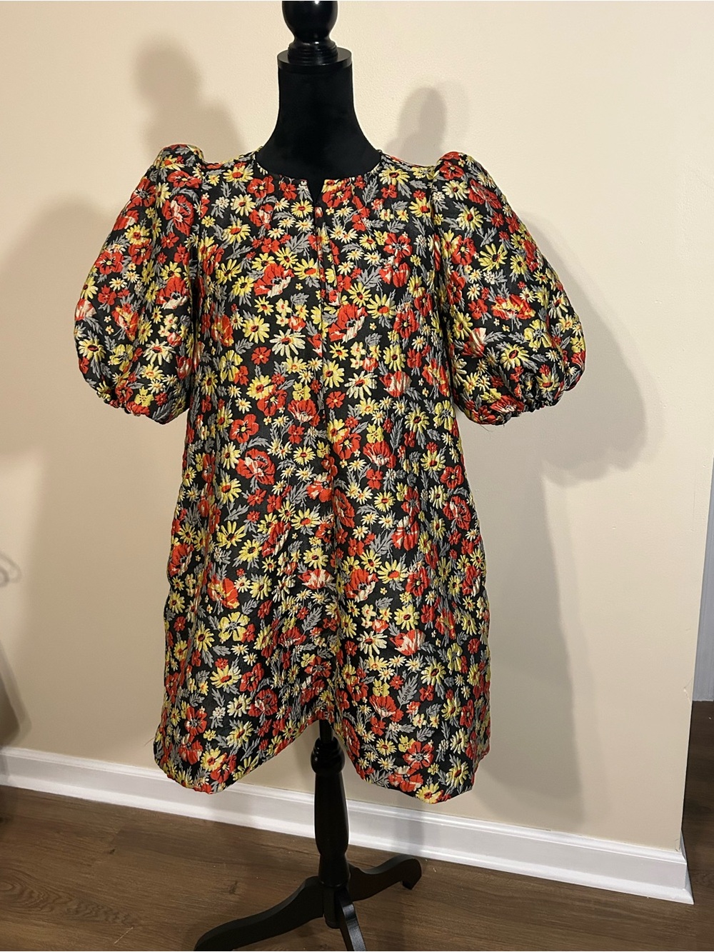 Ganni Black Puff Sleeve Floral Tunic with Red & Yellow Blooms